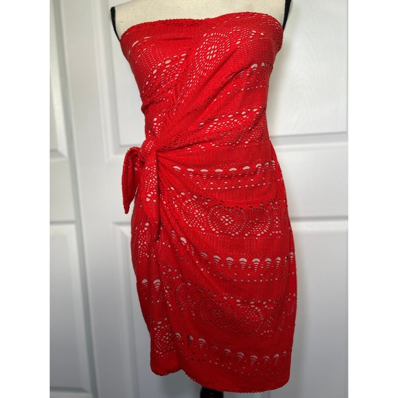 Free People Oceanside Red Crochet Strapless Mini Dress Wrap Small Boho Festival - Picture 2 of 7
